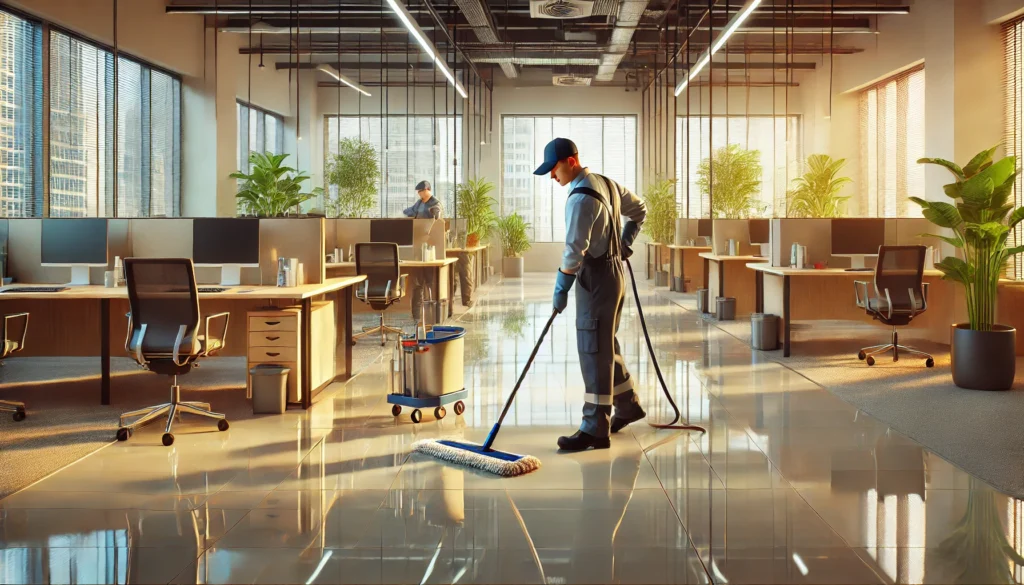 Expert touch maintenance worker performing routine cleaning in a modern, brightly lit office space. the worker is wearing a neat