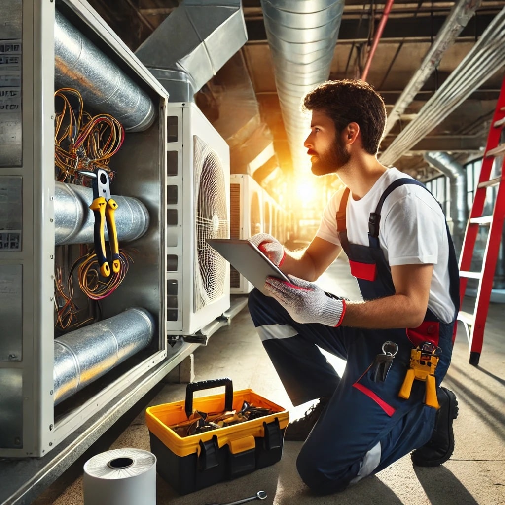 Professional maintenance worker performing preventive maintenance on an hvac system